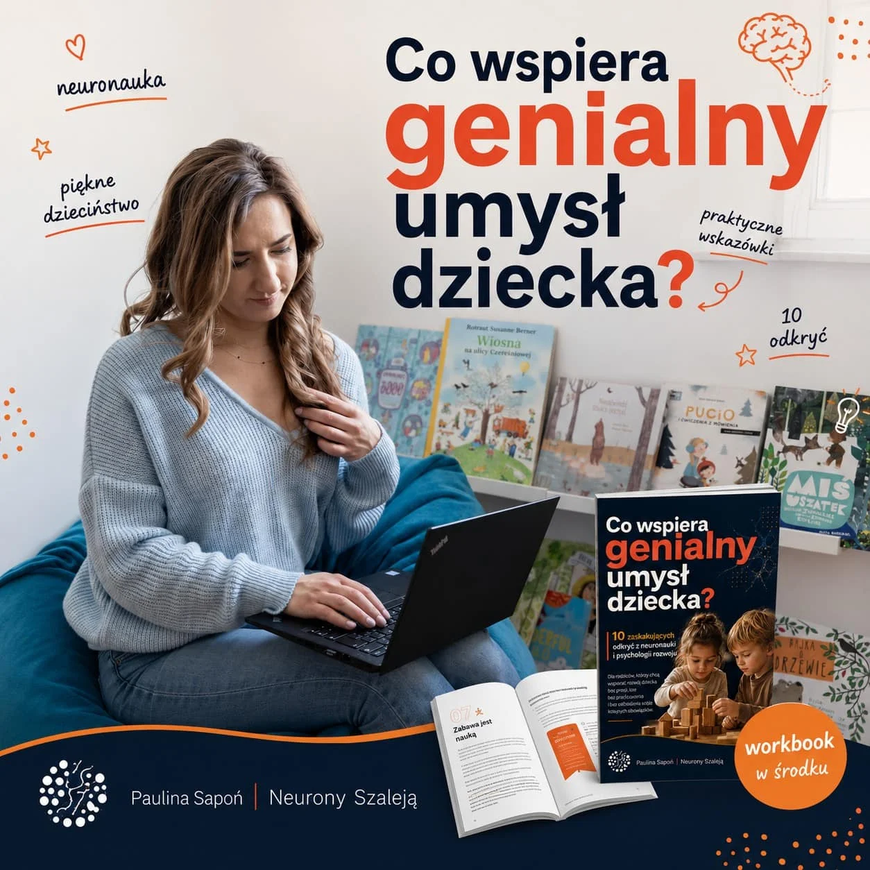 Paulina Sapoń oraz mockupy ebooka Co wspiera genialny umysł dziecka