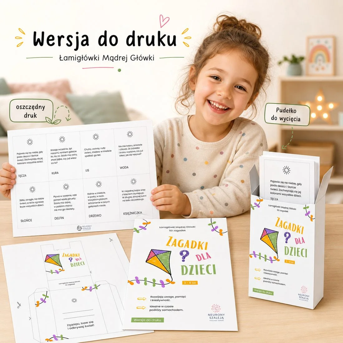 Dziecko bawi się w zagadki w domu, z kartami do druku