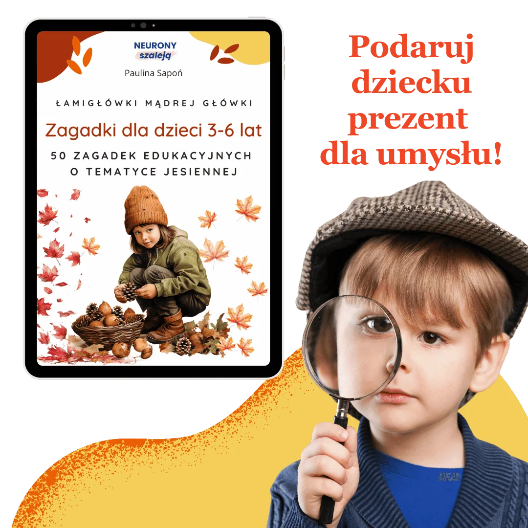 Chłopiec z lupą obok e-booka Zagadki dla dzieci 3–6 lat — 50 zagadek edukacyjnych o tematyce jesiennej